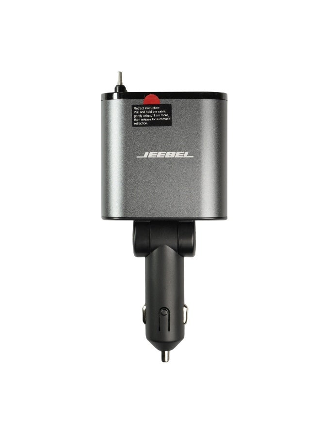 Jeebel Car charger with two cables, a Lightning cable, a retractable USB-C cable, a USB-C port and a USB port, a 120-watt multi-use fast charging charger - Image 2